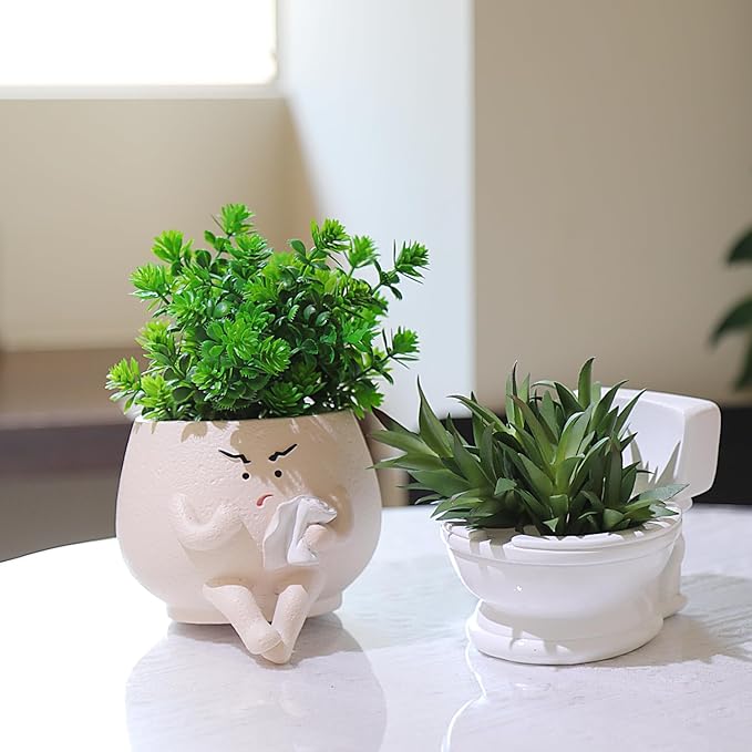 Face Planter Pots Funny Toilet Plant Pot for Indoor Plants, Cute Face Head Flower Pots Quirky Succulent Planters Gift Ideal for Home, Office, Christmas