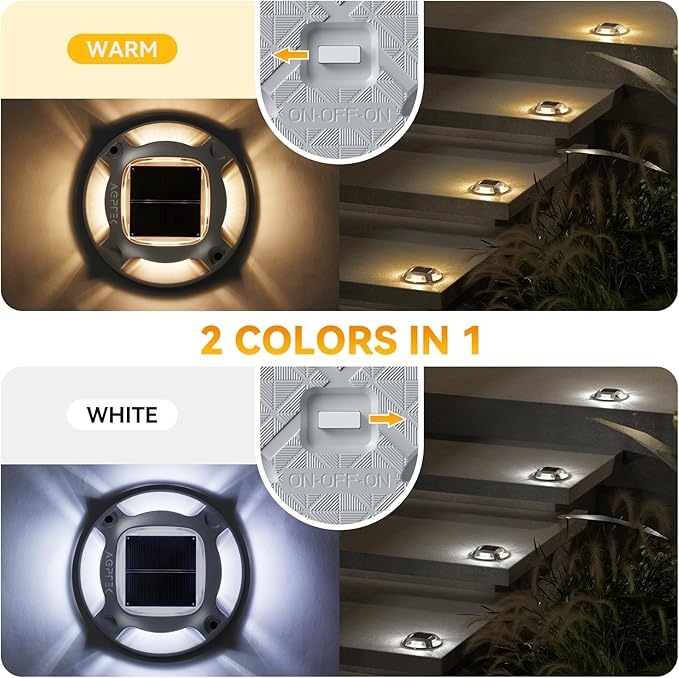 AGPTEK Solar Driveway Lights 12 Pack, 2 Colors in 1 Outdoor Solar Deck Dock Marine Waterproof LED Driveway Marker Security Lights for Outside Pathway,Boat Dock,Step,Walkway,Path,Garden (Warm & White)