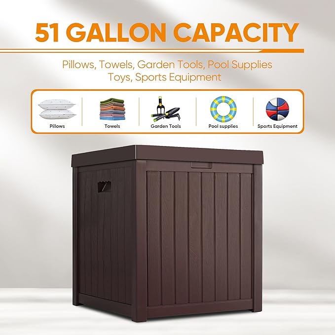 51 Gallon Resin Deck Box, Outdoor Storage Box Waterproof for Patio, Garden, Pool, and Deck, Storage Solution for Cushions, Tools, Delivery Packages, Brown