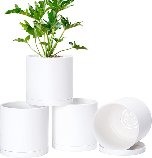 D'vine Dev 4 Pack 6 Inch Modern Plastic Plant Pots, Small Garden Planters for Plant with Drainage Holes and Saucers, White Color, 74-Z-J-2