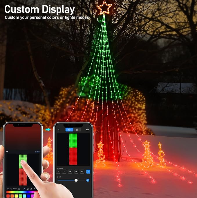 Christmas Decoration Smart Outdoor Star String Lights, 11.8Ft Christmas Tree Toppers Lights App Programmable, 344 LED 48 Modes Waterfall Lights with 12" Lighted Star for Xmas New Year Holiday Decor