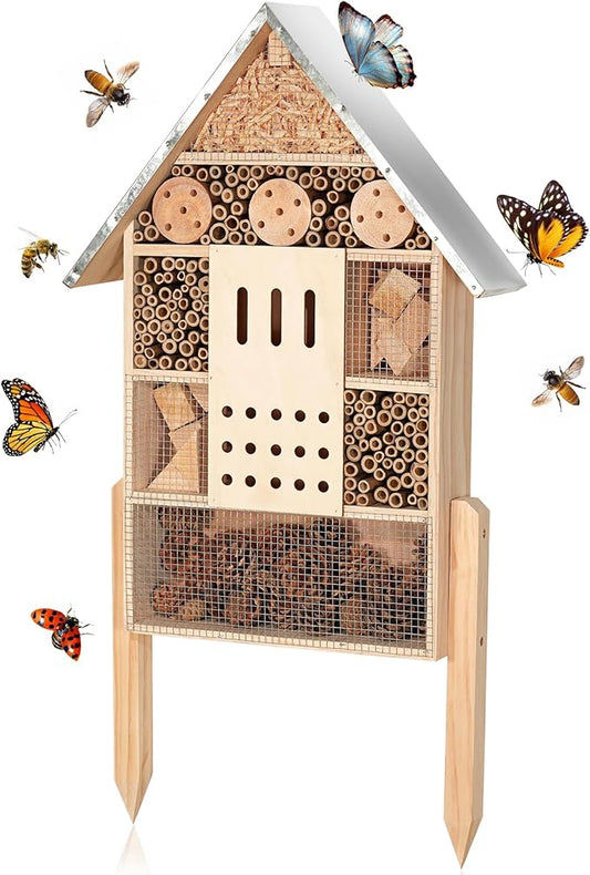 antiai Extra Large Wooden Insect House with Stakes,Wood Mason Bee Butterfly House,Insect Hotel,an Outdoor Bamboo Habitat for Ladybugs Live,Bee Box,Butterfly Habitat for Garden and Yard,30" H x15 W