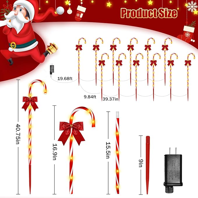 Christmas Candy Cane Pathway Lights, 12PCS 120 LED Christmas Lights Outdoor Decorations with Red Bow Waterproof, 8 Modes Timer Remote Christmas Walkway Lights for Xmas Home Yard Lawn Patio Decor