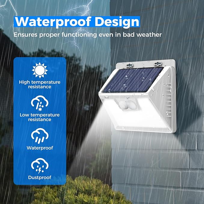 Peasur Solar Powered Lights Outdoor Motion Sensor, 2 Pack 140 LED Fence Light Waterproof, White Frame Security Wall Lighting for Outside Deck Yard Patio House Step