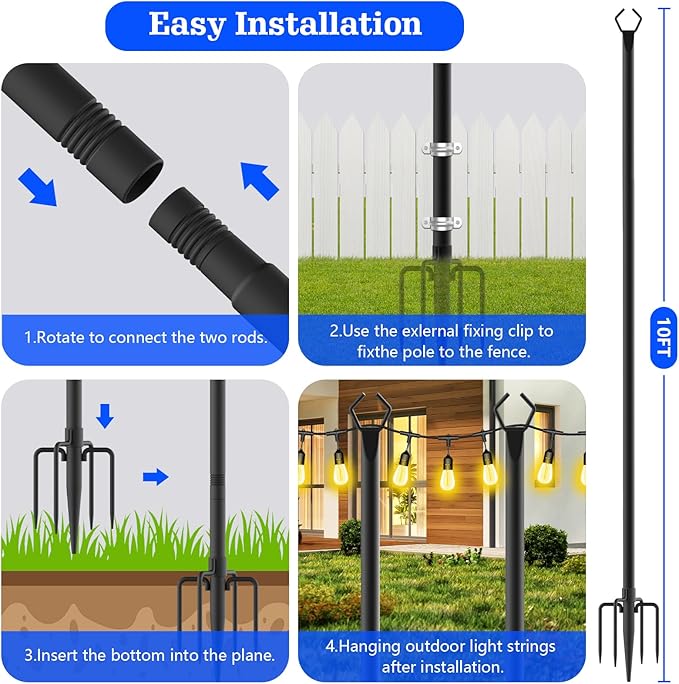 6 Pack String Light Poles,10 Ft Metal Poles with Fork for Outdoor String Lights,Outdoor Light Poles with Fork,Poles/Post/Stand for Outside,Patio,Deck,Backyard,Garden Wedding,Party