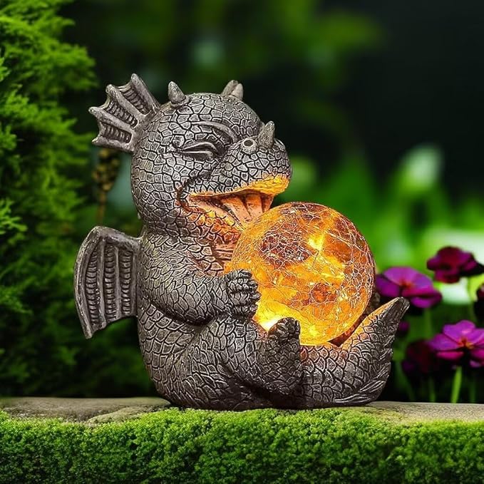 Garden Dragon Statue Outdoor Decor, Baby Resin Figurine Holding Magic Orb With Solar LED Lights, 7.1" for Patio, Lawn & Yard, Summer Gift for Mom