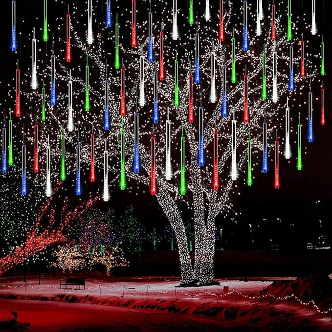 Christmas Lights Outdoor, Meteor Shower Falling Rain Lights 12 inch 8 Tube Snow Falling Icicle Cascading Light for Xmas Tree Decoration Wedding Party, UL Plug, Multi Colored