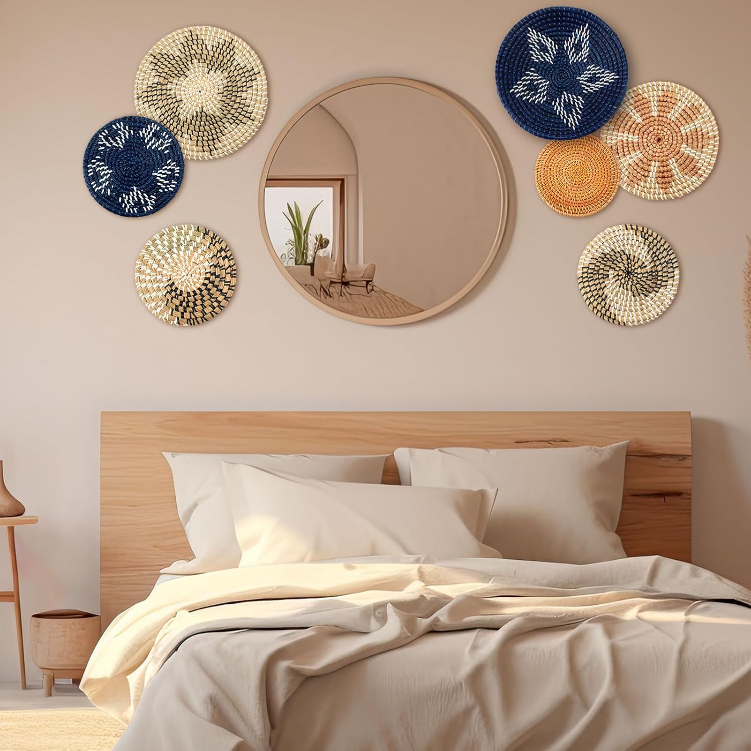 Xuhal Set of 8 Hanging Woven Wall Basket Handmade Decorative Rustic Boho Basket Decor Handcrafted Wicker Round Seagrass Wall Art for Home Kitchen Farmhouse Table Living Room