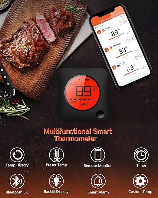 BFOUR Meat Thermometer Wireless Bluetooth, LCD Digital Meat Thermometer with Dual Probe, Wireless Remote BBQ Thermometer for Smoker Kitchen Cooking Grill Thermometer for Grilling BBQ Oven
