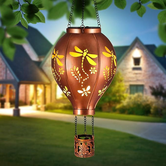 Dragonfly Hot Air Balloon Solar Lights Hollowed Metal Hanging LED Solar Lanterns Outdoor Waterproof Light for Garden Patio Yard Porch Christmas Decor Gifts for Women Mom Friends