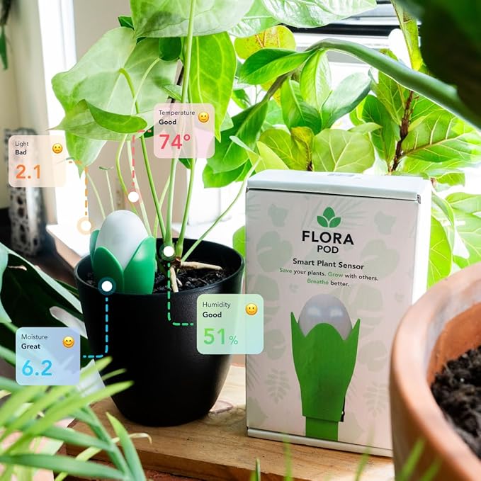 Flora Pod AI-Powered Smart Plant Monitor | for Indoor or Outdoor Plants | Personalized Alerts for Moisture, Temperature, Humidity, and Light