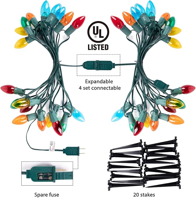 Brightown C9 Christmas Pathway String Lights Outdoor - 4 Pack Total 102.8 FT 80 Clear Lights with 80 Stakes, Connectable Waterproof Walkway Lights for Indoor Xmas Party Holiday Decoration, Multicolor
