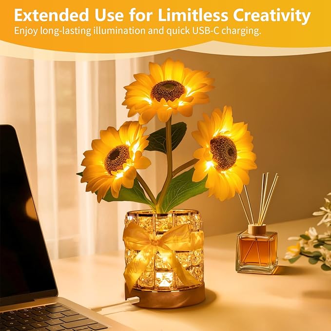 Sunflower LED Lamp,USB Rechargeable Touch Night Light, 3 Color Stepless Dimmable,Small Battery Flower Decor for Bedroom, Restaurant, Bar – Birthday, Mother’s Day,Wedding Gifts for Women,Mom