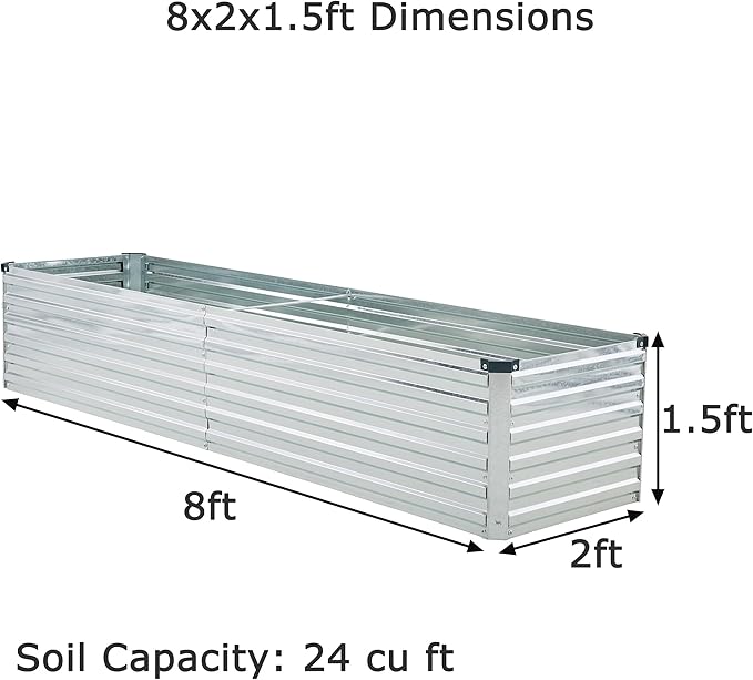 8x2x1.5ft Galvanized Raised Garden Bed,Outdoor Planter Box Metal Patio Kit Planting Bed for Vegetables Flowers Herb,Silver
