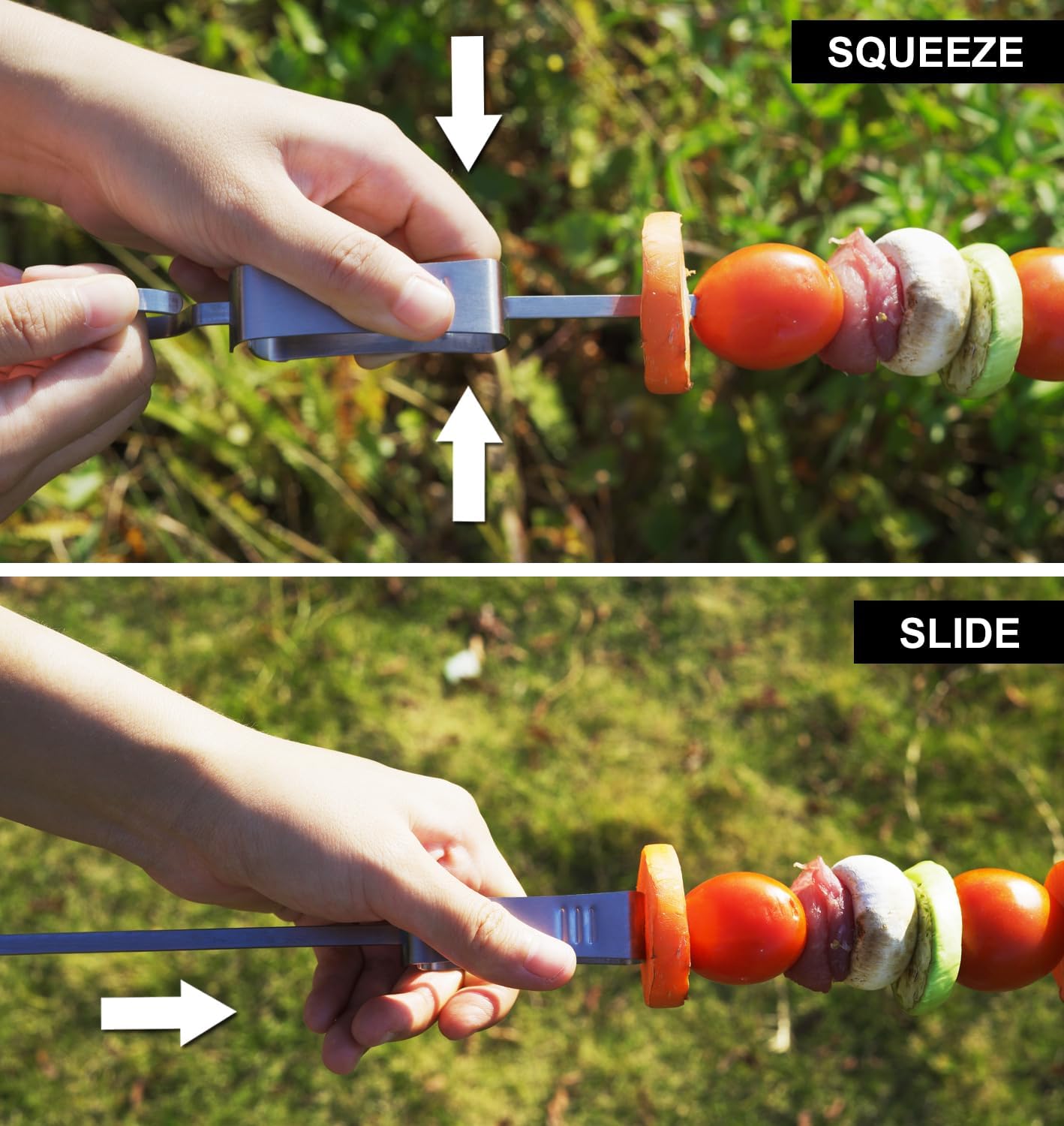 ESOW Metal BBQ Skewers for Grilling-16.83" Long Flat Kebab Sticks with Push Bar, Stainless Steel 304 Shish Kabob Skewers for Camping, Set of 8 with Bag