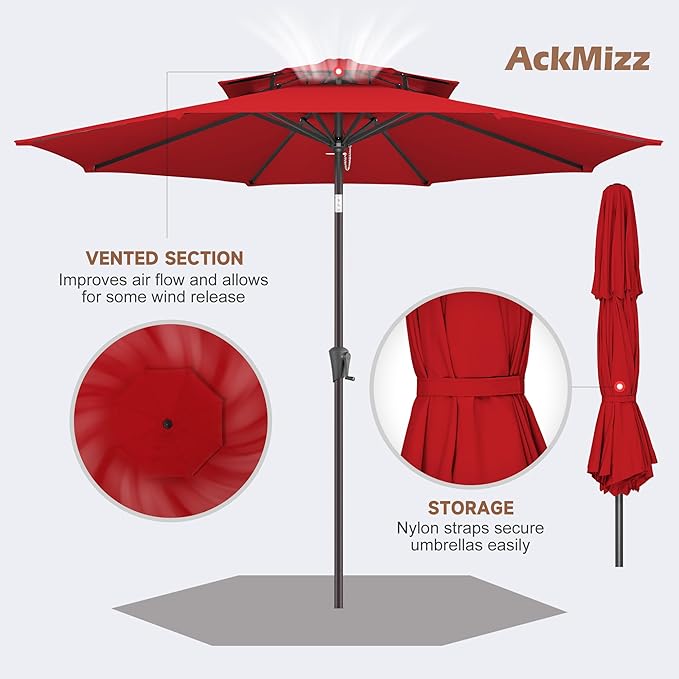 9ft Outdoor Patio Umbrella - 2 Tiers Table Umbrella Waterprool UV Protection, Sombrillas de Patio with Push Button Tilt&Crank, Sun Umbrella for Pool, Porch, Garden, Backyard(Red)