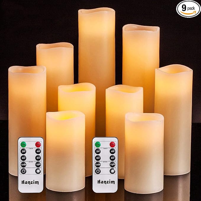 Flameless Flickering Battery Operated Candles 4" 5" 6" 7" 8" 9" Set of 9 Ivory Real Wax Pillar LED Candles with 10-Key Remote and Cycling 24 Hours Timer (Ivory)
