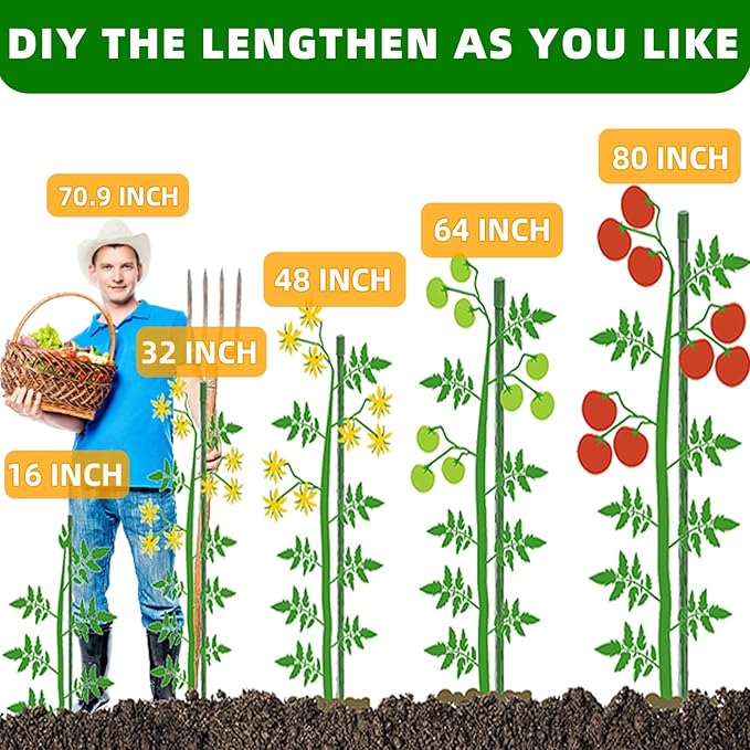 Garden Stakes 16 Inch 30 Pack, Diy 4ft 5ft 6ft 7ft 8ft Tomato Stakes Plastic Coated Metal Plant Sticks Stakes Supports with 20 Connectors 15 Rotatable Clips for Indoor Outdoor Plants Vegetable