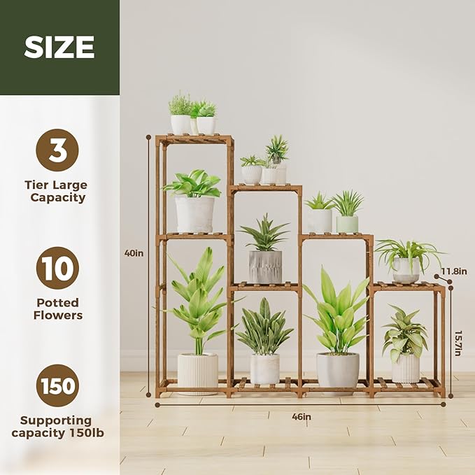 Bamworld Tall Plant Stand Indoor Wood Plant Shelf Outdoor Tiered Plant Rack for Multiple Plants 4 Tiers 10 Pots Ladder Plant Holder Plant Table for Plant Pots Boho Home Decor for Gardening Gifts
