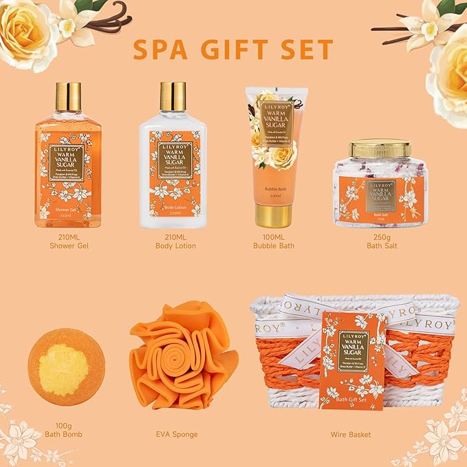 Christmas Gifts for Women - 7 Pcs Vanilla Sugar Bath and Body Gift Basket Set for Women, Spa Gift Baskets Set | Valentine's, Birthday, Mothers Day Gifts for Mom, Perfect Gift for Her All Occasion