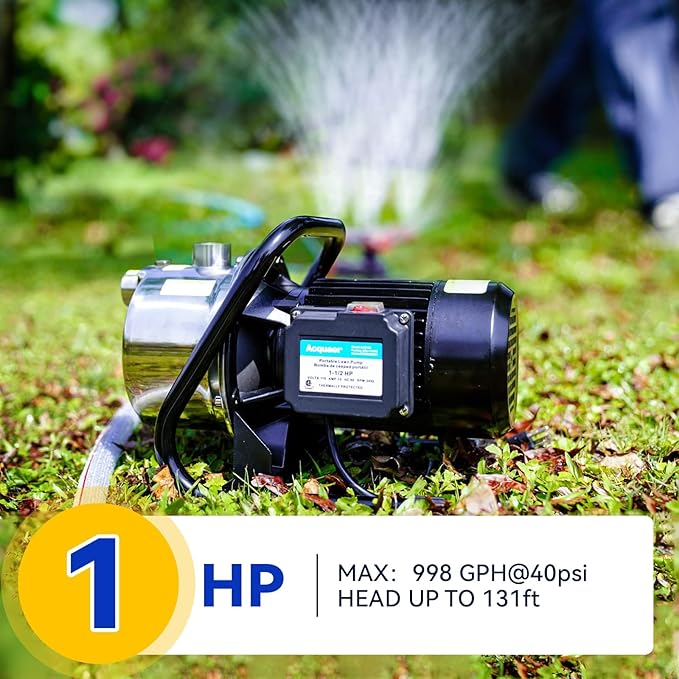 Acquaer 1 HP Portable Shallow Well Garden Pump, Stainless Steel, 998 GPH, 115V Sprinkler Water Transfer Draining Irrigation Pump for Water Removal/Lawn Garden