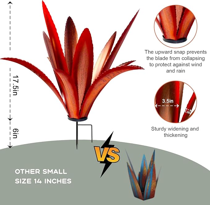 Enlarge Thickened Wind Resistant Metal Agave Garden Art Metal Plant Country Garden Sculpture Statue Outdoor Decoration Agave Metal Plant Courtyard Garden Lawn Ornament Gift (1, 12 Leaves red)