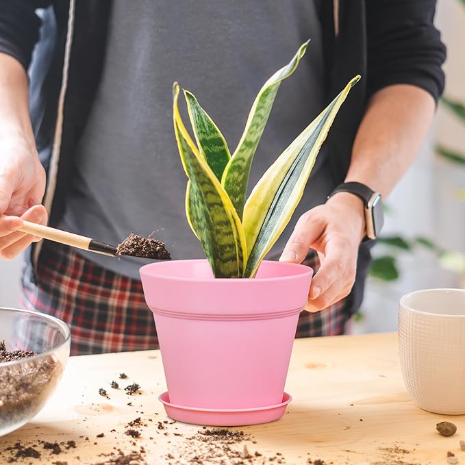 6 inch Plastic Nursery Pots, 16 Pack Plant Pots for Indoor Outdoor Plants, Flower Pots with Drainage Holes and Saucers, Decorative Seedling Starter Planters for House Plants, Colorful