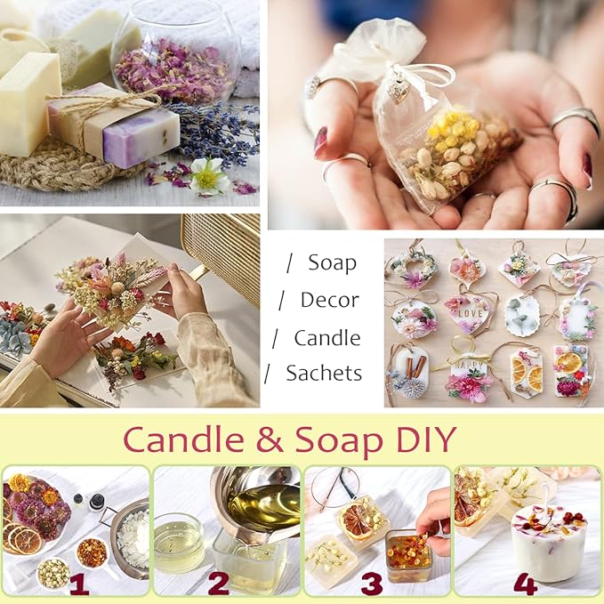 [Latest] 21 Pack Dried Flowers for Candle Making, 100% Natural Dried Herbs Kit for Soap Making, Bath, Resin Jewelry Making, Bulk Dried Flowers Include Lavender, Rose Petals, Rosebuds, Leaves, Lemon.