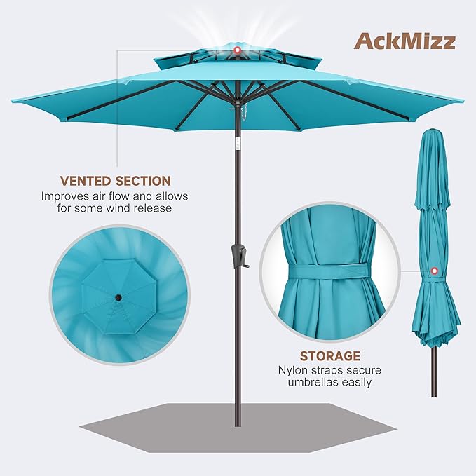 9ft Outdoor Patio Umbrella - 2 Tiers Table Umbrella Waterprool UV Protection, Sombrillas de Patio with Push Button Tilt&Crank, Sun Umbrella for Pool, Porch, Garden, Backyard(Sky Blue)
