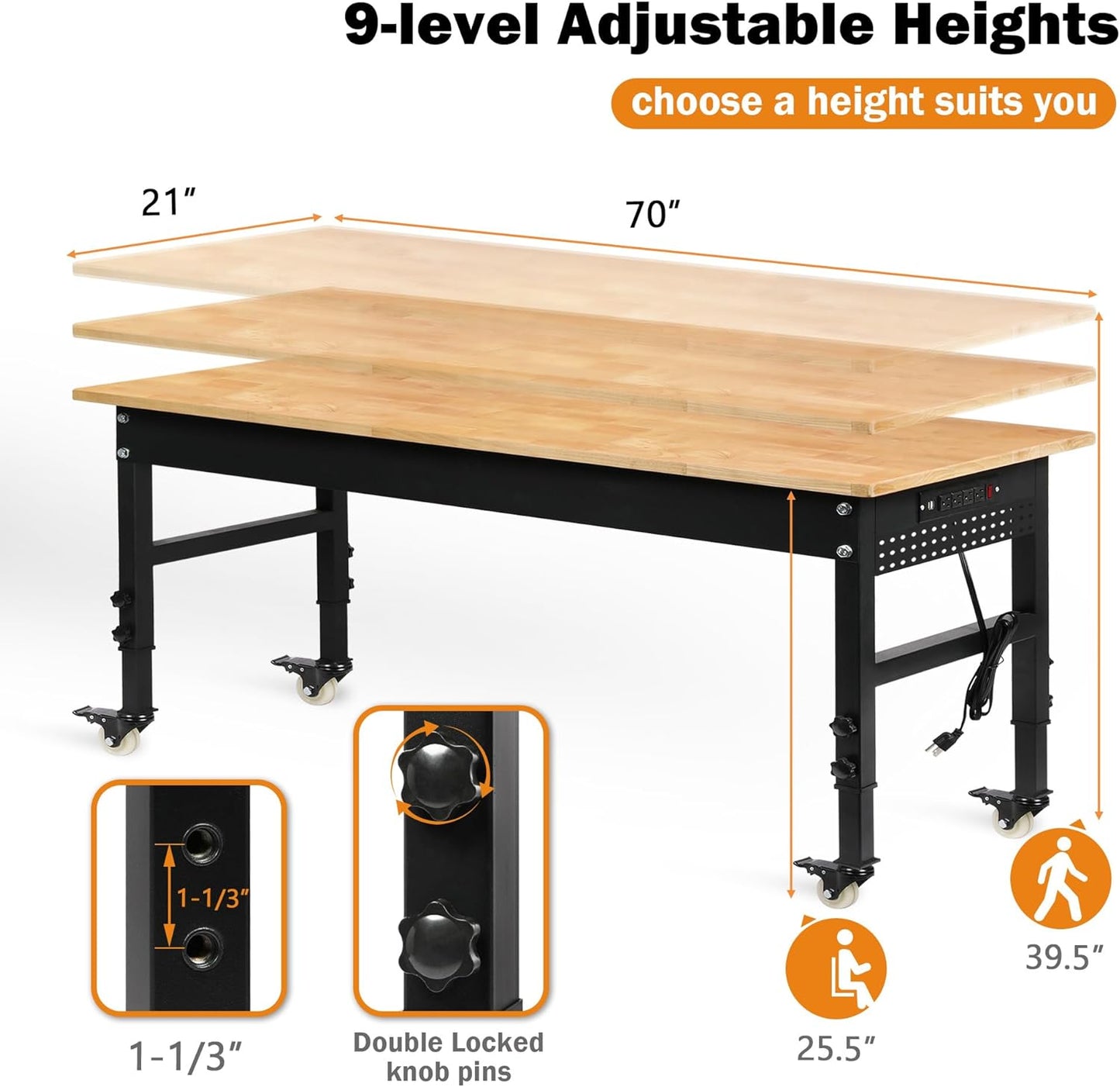 70" Adjustable Workbench on Wheels, 2000 LBS Heavy Duty Work Table with Power Outlets & Pegboard, Rubber Wood Workstation for Garage, Workshop, Office, Home, Commercial
