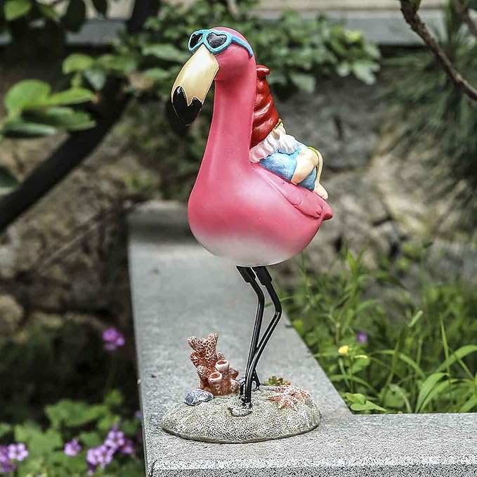 Gnome Garden Statue Funny Gnome Reclining on Flamingo Dwarf Figurines Resin Garden Gnomes Fall Decorations Outdoor for Patio Yard Lawn Porch Housewarming Ornament Gift
