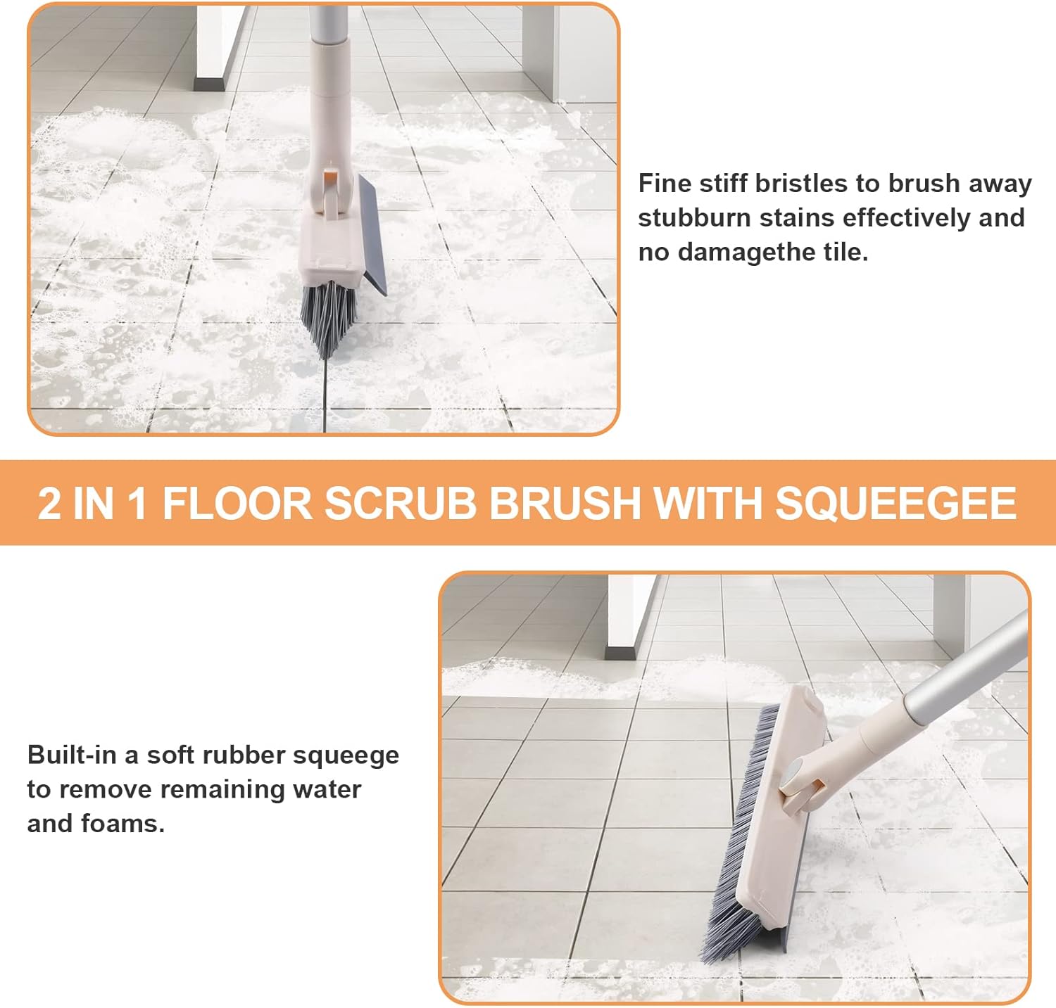 Grout Brush with Long Handle, 2 in 1 V-Shaped Floor Scrub Brush for Cleaning, Bathroom, Garage, Wall, Patio, and Tile, Stiff Bristle Brush with 54'' Telescopic Handle