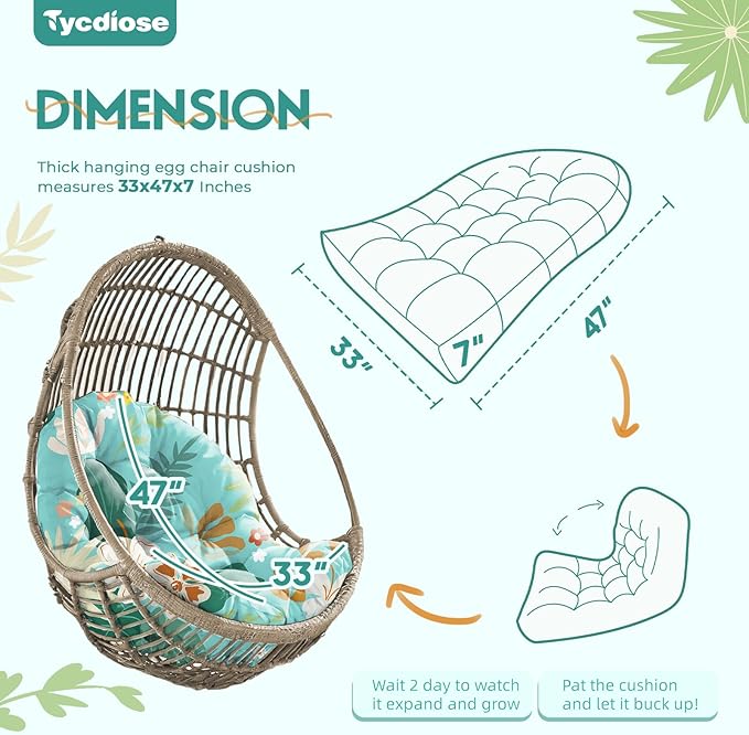 Egg Chair Cushion Replacement, Waterproof Outdoor Hanging Egg Swing Chair Cushions Pads, U-Shaped Thickened Cushions for Hanging Eggs Chair with Ties, 47x33x7 Inches (Cyan Floral Leaf)