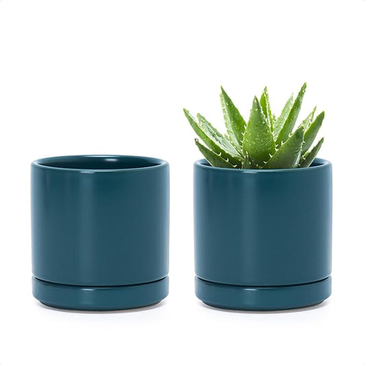 D'vine Dev Set of 2 Plants Pots, 3.5 Inch Ceramic Planter Pot for Plants with Drainage Hole and Saucer, Teal, 94-V-A-9