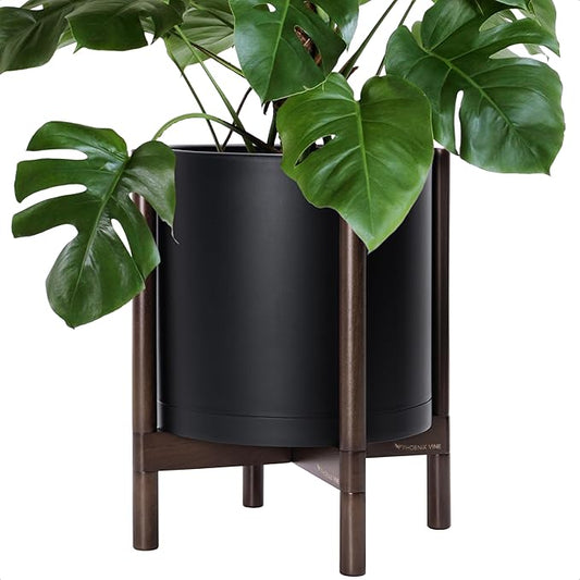 D'vine Dev Planter Pot with Stand - 14 Inch Plastic Cylinder Flower Pot with Wood Planter Holder for Indoor, Matte Black Pot + Walnut Color Stand, 55-C-R-2
