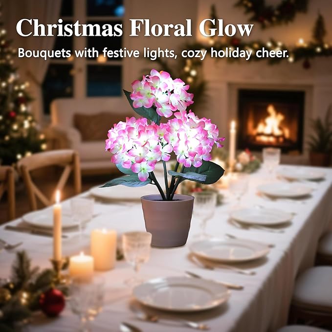 Pink Artificial Hydrangea LED Flower Pot - Lighted Floral Decor for Wedding, Christmas, Home Decor, Battery-Operated Night Light, Gift for Women