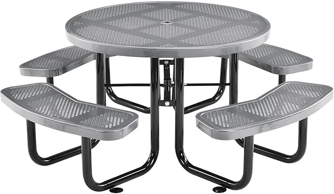 Global Industrial 46" Round Picnic Table, Perforated Metal, Thermoplastic Coating, Attached Benches, 1-1/2” Umbrella Pole Hole, Outdoor-Rated, 1000 lbs Capacity, Gray
