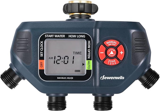DEWENWILS Sprinkler Timer 4 Zone, Water Timer for Garden Hose with Rain Delay/Manual/AUTO Irrigation, Programmable Outdoor Faucet Hose Timer for Yard, Lawn