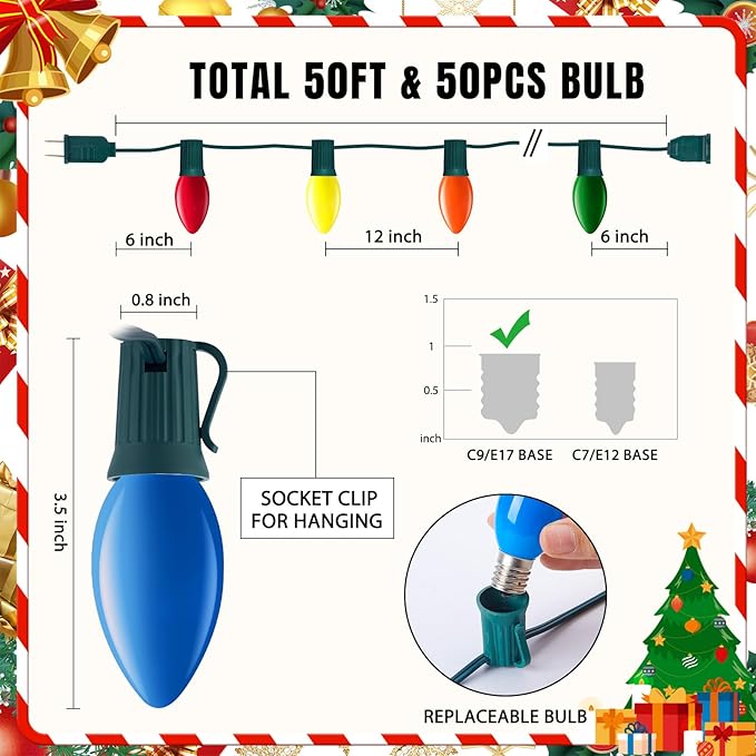 C9 Christmas Lights Outdoor Multicolor, 50 FT Vintage String Lights for Holiday Indoor Room Roofline Backyard Garden Patio Home Xmas Decor, E17 Base, Green Wire