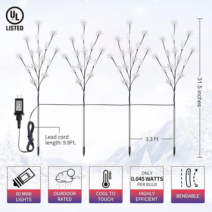 Brightown Snowflake Pathway Lights - 4 Packs Christmas Yard Lights with Small Christmas Tree, Blue & Warm White Outdoor Decorations