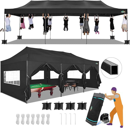 COBIZI 10x30 Pop up Canopy Tent 10x30 Canopy with Sidewalls, Heavy Duty Party Tent Tents for Parties, Foldable UPF 50+ Waterproof Commercial Easy up Canopy with Roller Bag, Black(Windproof Upgraded)