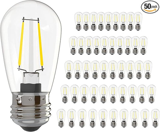 Banord 50 Pack Dimmable 2W S14 Replacement LED Bulbs, 2700K Warm White Waterproof Outdoor String Lights, Vintage Filament, Shatterproof E26 Screw Base Edison Light Bulbs