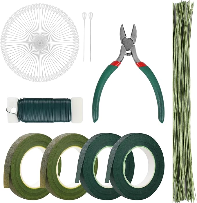 DSUWAZU Floral Tape and Wire Arrangement Tools Kit, Green Tape, Boutonniere Pin for Bouquet Stem Wrap, Florist and Wreath Making Supplies