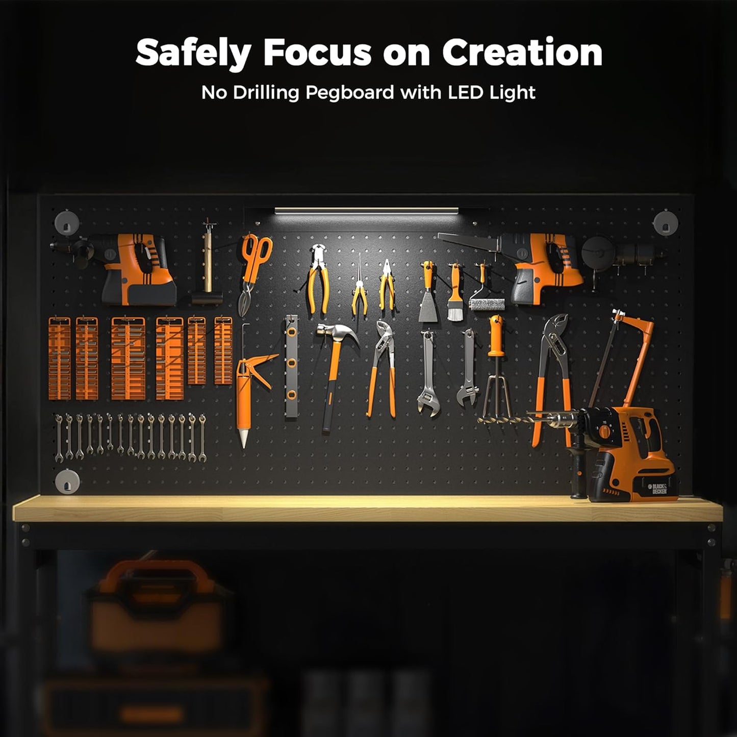 48" Heavy Duty Work Bench Adjustable Height Max Load 2000 LBS with Storage Shelf for Garage Workbench, Rubberwood Tabletop with Pegboard, LED Light, Built-in Power Strip for Woodworking Shop