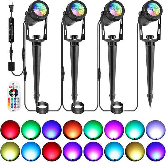 ECOWHO RGB Color Changing Landscape Lights with RF Remote Control, 12V Low Voltage Landscape Lighting, IP65 Waterproof LED Spotlight Outdoor for Yard House Garden Patio Tree Pathway Decor, 4 Pack