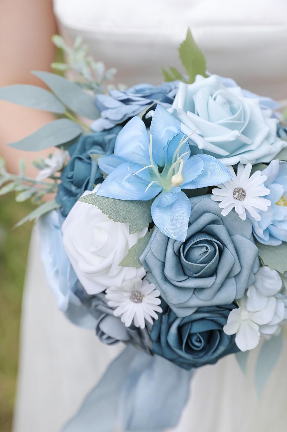 Blue Artificial Flowers Silk Fake Roses Peonies Greenery Combo Box Set for DIY Wedding Bouquets Bridal Shower Centerpieces Floral Arrangements Party Tables Home Decoration