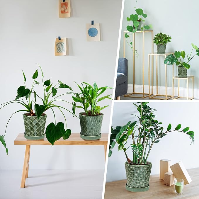 EFISPSS Flower Planter –5 inch Ceramic Plant Pots with Drainage Hole and Ceramic Tray - Gardening Home Desktop Office Windowsill Decoration Gift Set of 4 - Plants NOT Included