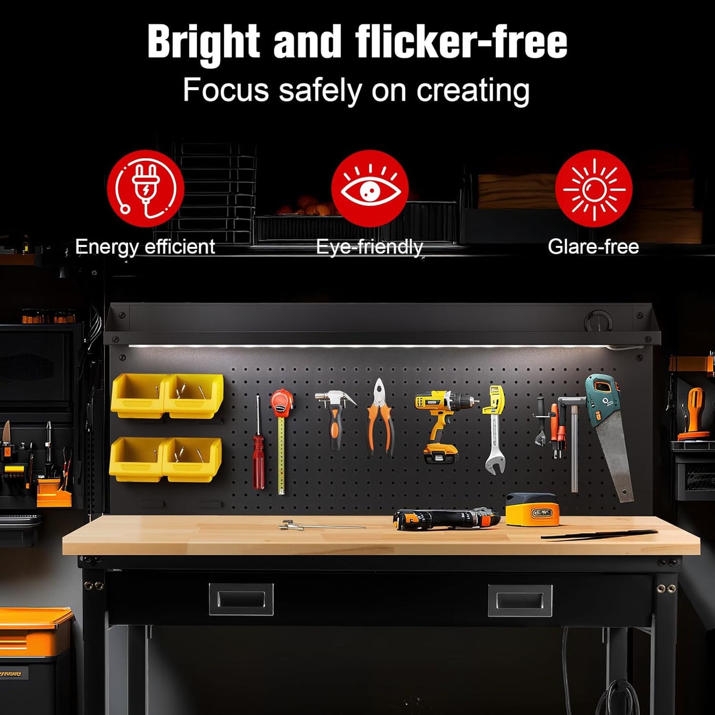 48" Workbench with Drawers, Work Benches for Garage with Strip Light, Adjustable Work Table with Large Pegboard, 2000 LBS Heavy Duty Table with Power Outlet Rubber Wood for Garage, Office