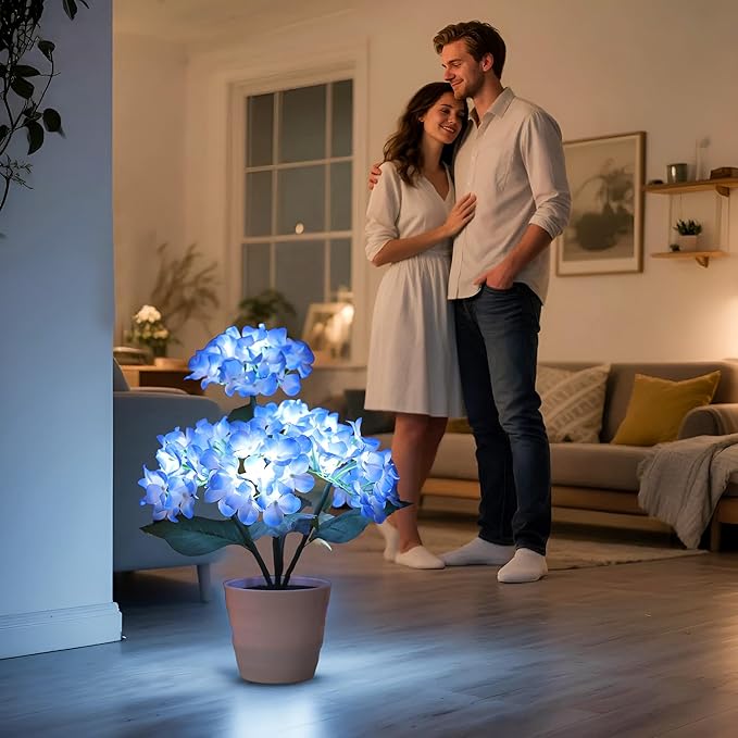 Blue Artificial Hydrangea LED Flower Pot - Lighted Floral Decor for Wedding, Christmas, Home Decor, Battery-Operated Night Light, Gift for Women