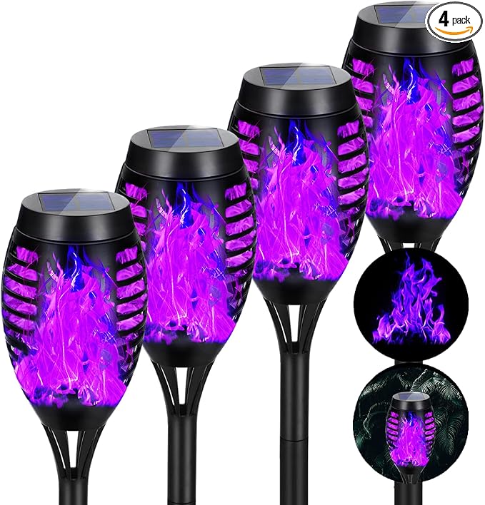 4 Pack Solar Torch Lights Outdoor Waterproof - Purple Flickering Flame, Outdoor Solar Garden Lights for Yard, Tiki Torches for Outside Patio Pathway Decorations